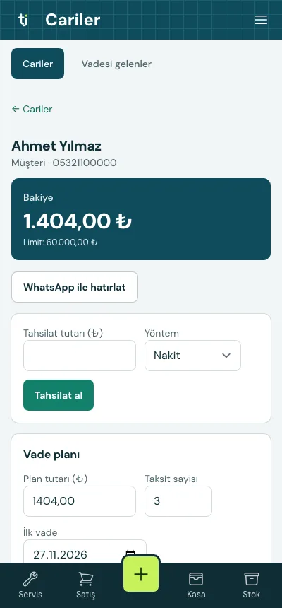 Cari kartı: müşteri bakiyesi, WhatsApp ile hatırlatma ve tahsilat