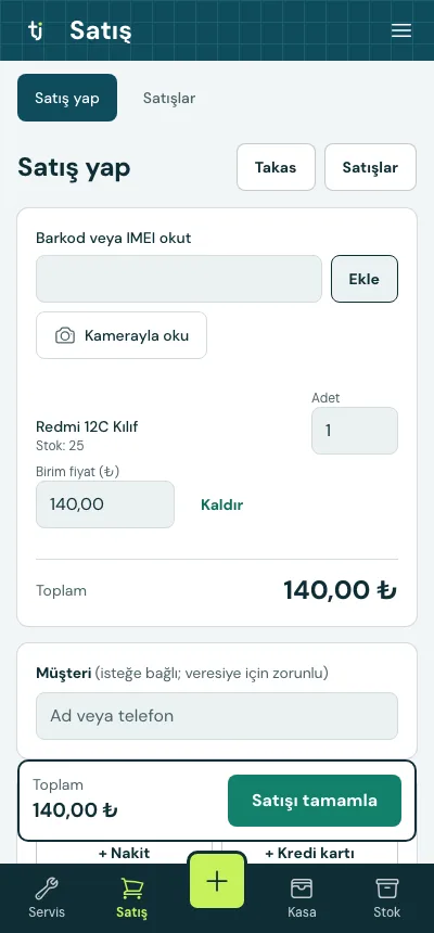 Barkod okutularak sepete ürün eklenen satış ekranı