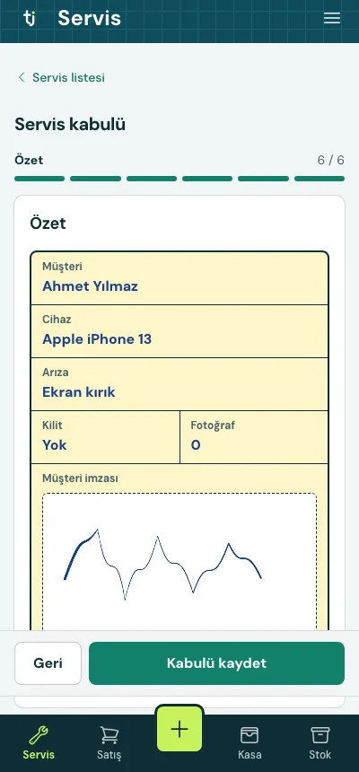 Servis kabulünde müşteri imzası adımı
