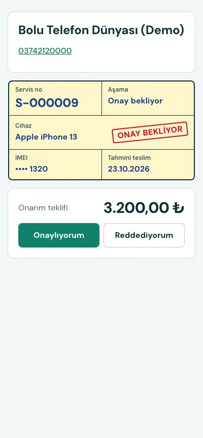 Müşterinin gördüğü servis takip sayfası: durum ve onarım teklifi onayı